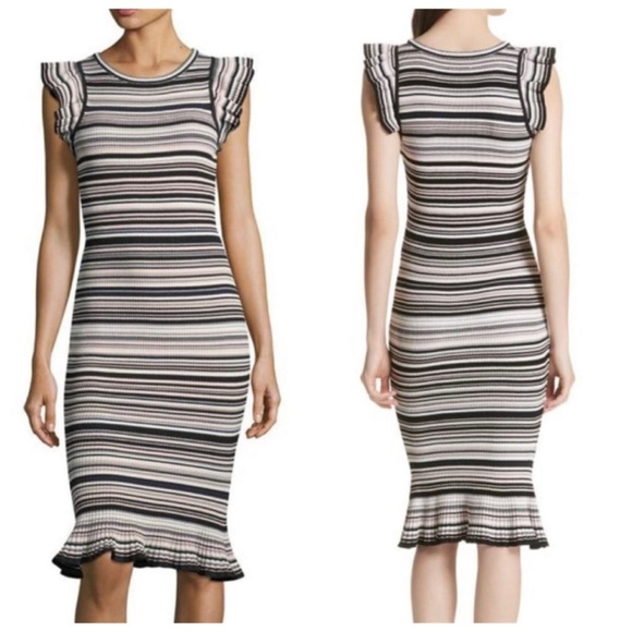 Milly Micro Stripe Mini Mermaid Ribbed Stretch Knit Midi Dress Bodycon NWT Small - Picture 1 of 13